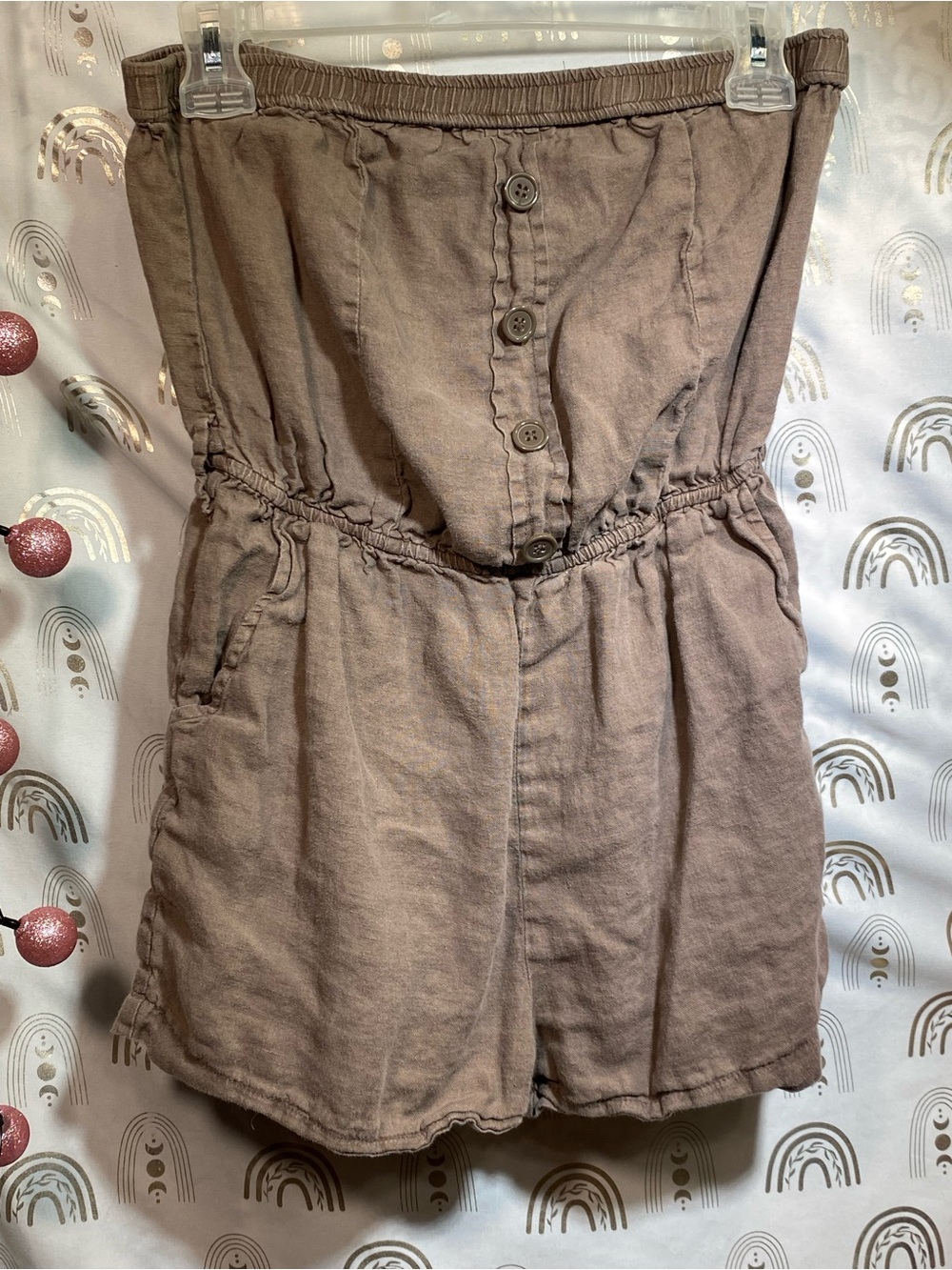 Forever 21 Brown Strapless Romper with Button Front